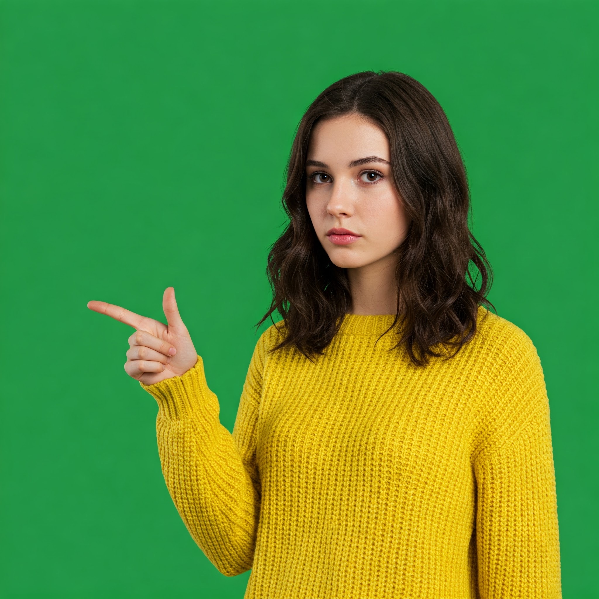 photo of Young Woman in Yellow Sweater Pointing Left Against Green Screen
